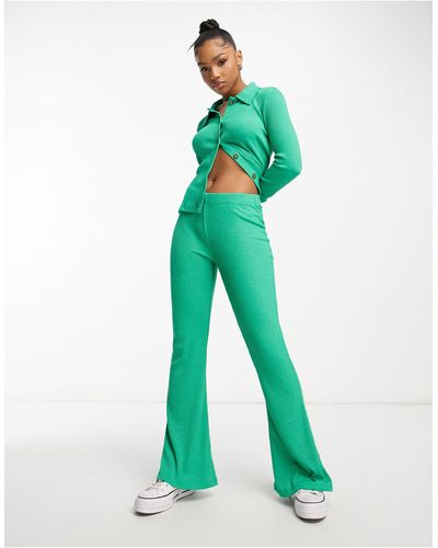 Jdy Soft Ribbed Flared Trousers Co-ord - Green