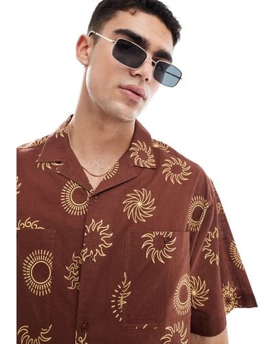 ASOS Boxy Oversized Revere Linen Look Shirt With Tobacco Sun Print - Brown