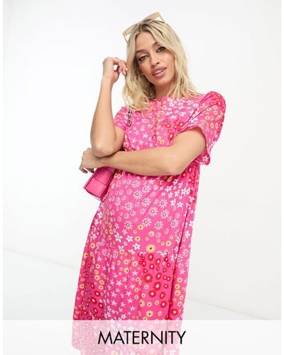 Influence Maternity Flutter Sleeve Midi Tea Dress - Pink