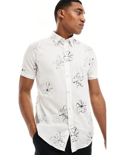 Ben Sherman Short Sleeve Linear Floral Print Shirt - White