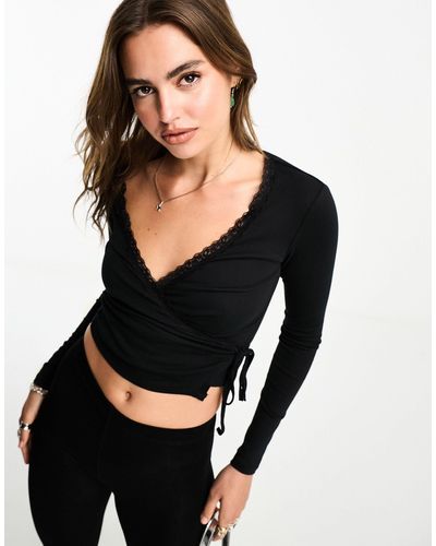 Cotton On Cotton On Wrap Front Long Sleeve Crop Top - Black