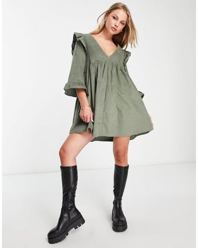 ASOS Cord Mini Smock Dress With Ruffle Shoulder - Green