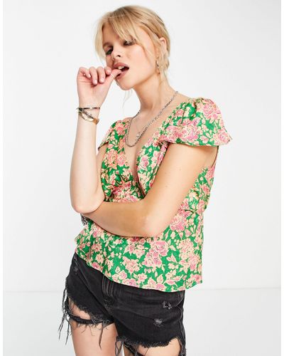 TOPSHOP Vintage Stijl Nette Top Van Jacquard Met Kapmouwtjes En Bloemenprint - Groen