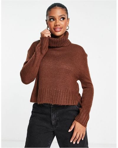 Brave Soul Cattio Boxy Cropped Roll Neck Sweater - Red