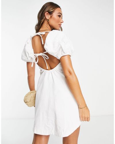 WÅVEN Puff Sleeve Tie Back Mini Dress - White