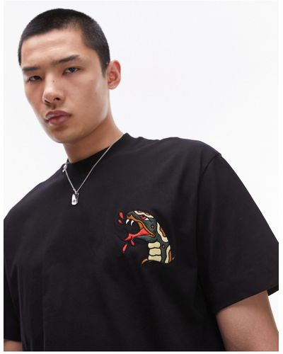 TOPMAN Oversized T-shirt With Tattoo Snake Head Embroidery - Black