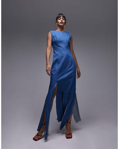 TOPSHOP Denim Slashed Midi Dress - Blue