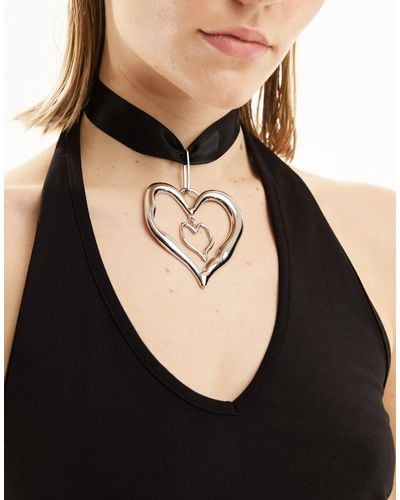 Reclaimed (vintage) Molten Heart Pendant Necklace On Ribbon - Black