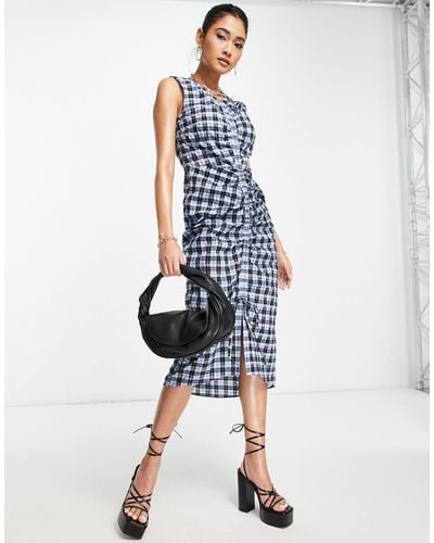 Whistles Sleeveless Midi Dress With Ruched Front - Blue