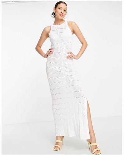 Morgan Knitted Crochet Maxi Dress With Thigh Split - White