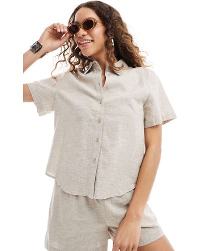 Monki Short Sleeve Linen Shirt - Grey
