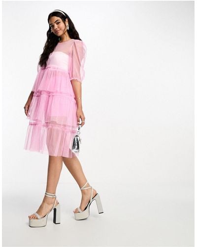Monki Tulle Layered Midi Dress - Pink