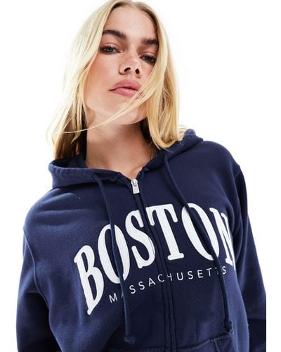 Hollister Sudadera azul con capucha, cremallera y estampado "boston"