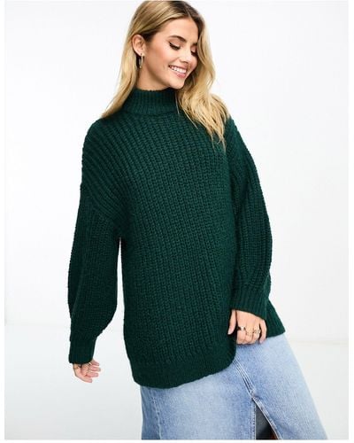 Monki High Neck Chunky Rib Knitted Jumper With Volume Sleeve - Green