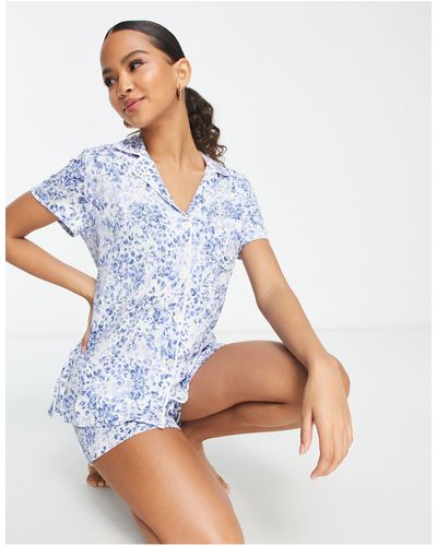 Lauren by Ralph Lauren – kurzer pyjama mit blauem blumenmuster und knopfleiste