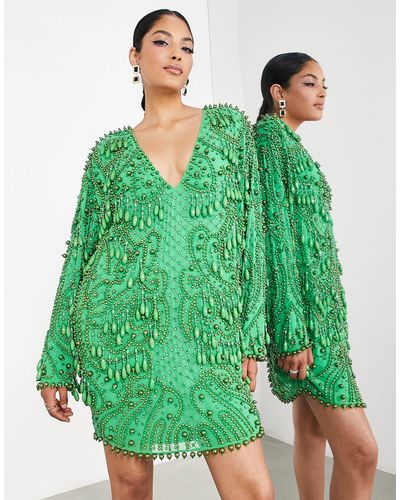 ASOS V Neck Embellished Mini Shift Dress With Teardrop Beads - Green