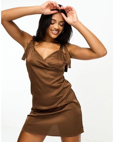 Naanaa Satin A-line Wrap Mini Dress - Brown