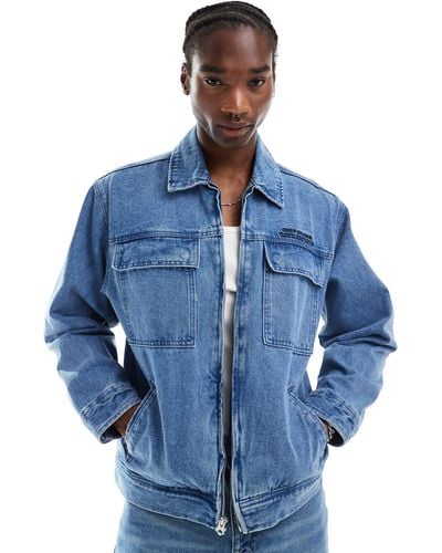 Obey Zip Through Denim Jacket With Pockets - Blue