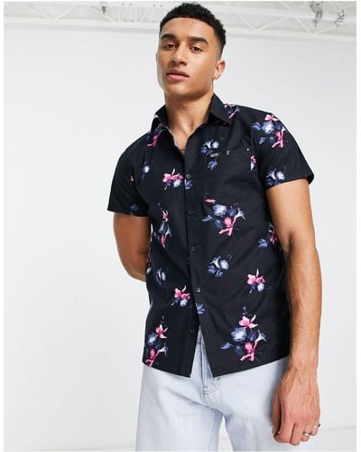 Hollister Slim Fit Floral Print Short Sleeve Shirt - Black