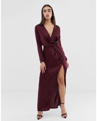 Missguided Satin Maxi Dress With Twist Front And Split - Purple