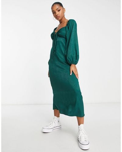 New Look Long Sleeve Corset Jacquard Midi Dress - Green