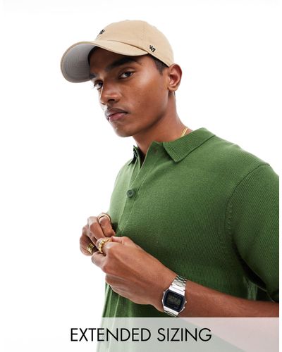 ASOS Midweight Knitted Cotton Button Through Polo - Green