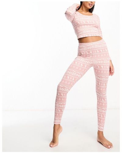 ASOS Christmas Fair Isle Glam Long Sleeve Top & leggings Pajama Set - Pink