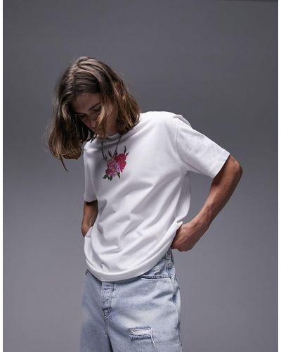 TOPMAN T-shirt oversize premium bianca con fiore dipinto - Metallizzato