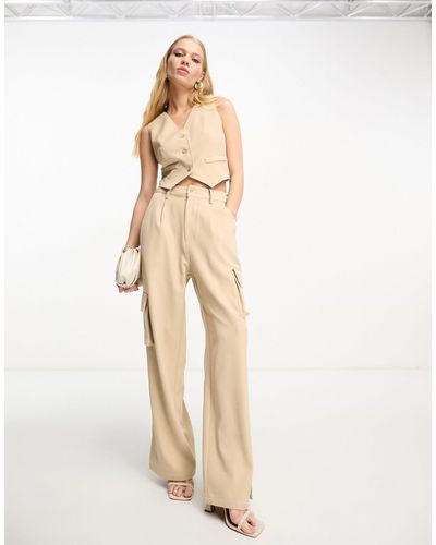 Aria Cove Tailored Wide Leg Cargo Trouser With Pocket Detail Co-ord - Natural