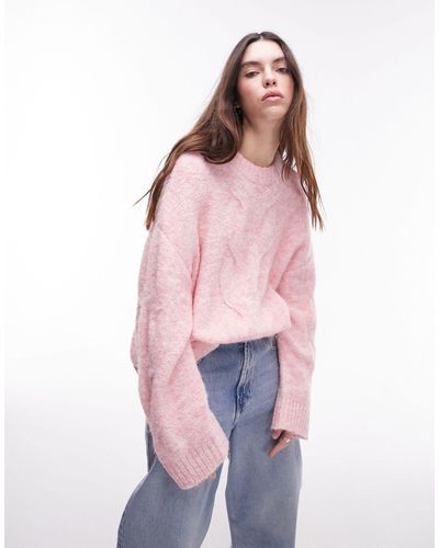 TOPSHOP Knitted Fluffy Cable Front Two Tone Jumper - Pink
