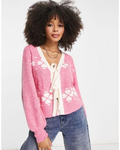 Nobody's Child Tie Front Jacquard Cable Knit Cardigan - Pink