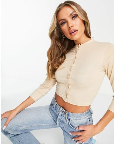 Missguided Button Front Long Sleeve Crop Top - Natural