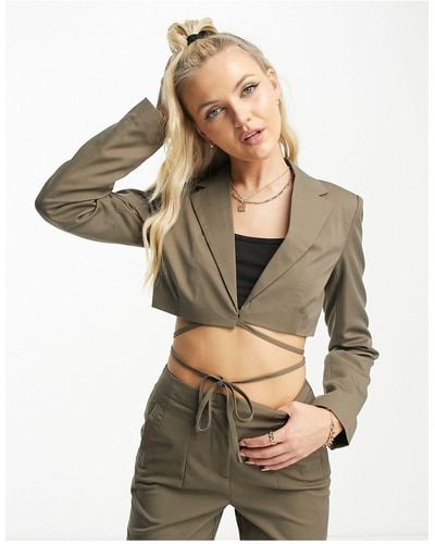 Noisy May Cropped Tie Detail Blazer Co-ord - Brown