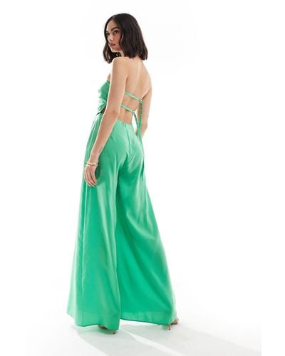 ASOS Bandeau Scarf Detail Satin Straight Leg Jumpsuit With Open Back And Buckle Detail - Green