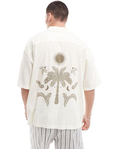 Pull&Bear Palm Tree Embroidered Shirt - White
