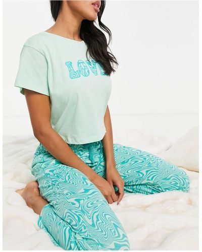 Brave Soul – pyjama-set mit hose mit weitem bein und "love"-aufdruck, minzgrüner wirbeldruck