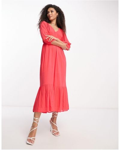 French Connection Balloon Sleeve Boho Midi Dress - Red