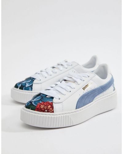 PUMA Suede Platforms In White With Embrodiery