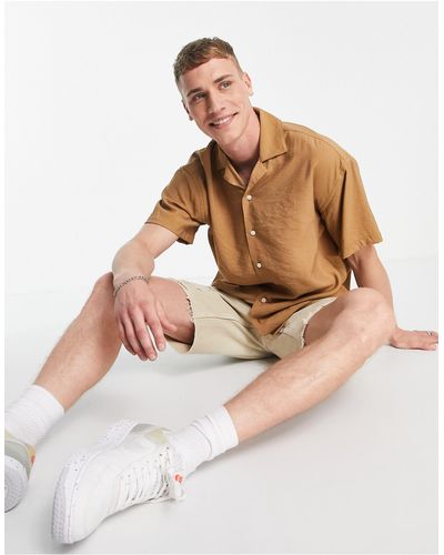 Jack & Jones Premium - Overhemd Met Textuur, Korte Mouwen En Reverskraag - Bruin