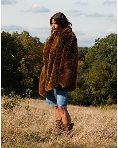 TOPSHOP Mid Length Faux Fur Panelled Coat - Multicolour