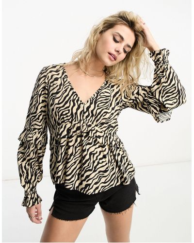 New Look – geraffte bluse mit zebraprint und v-ausschnitt - Schwarz