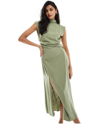 ASOS Linen High Neck Grown On Sleeve Midi Dress With Open Back And Button Neck Detail - Green
