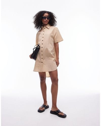 TOPSHOP Shirred Mini Shirt Dress With Contrast Top Stitch - Natural