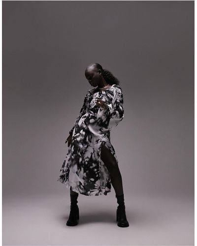 Topshop Unique Gerimpelde Midi-jurk Met Zwart-witte Print - Grijs