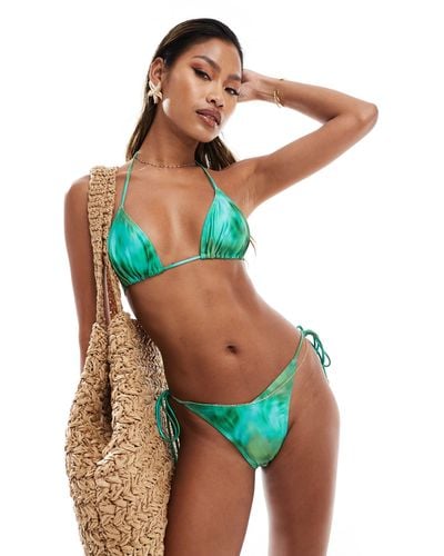 South Beach Shiny Abstract Print Tie Side Bikini Bottom - Green