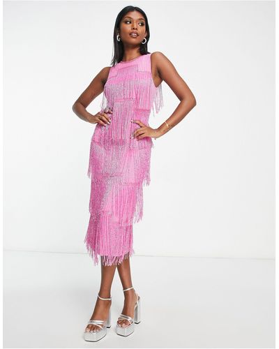 ASOS All Over Embellished Sleeveless Midi Dress With Panelled Beaded Fringe - Pink