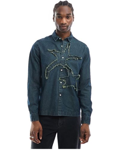 ASOS Relaxed Denim Shirt With Distressed Star - Blue