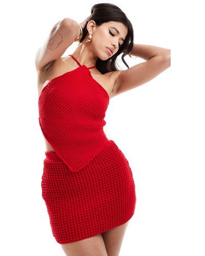 Missy Empire Exclusive Crochet Halterneck Top Co-ord - Red