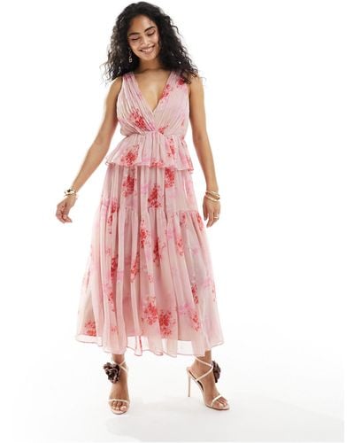 ASOS Plunge Pleated Tiered Midi Dress - Pink