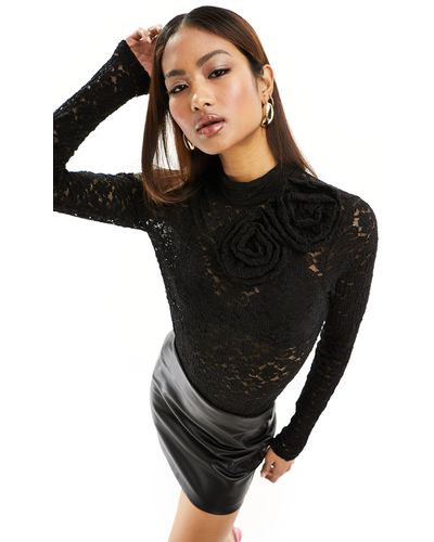 Vero Moda Long Sleeved Lace Bodysuit With Corsage - Black